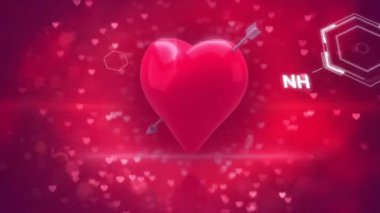 Kırmızı zemin üzerinde ok olan kalbin üzerindeki kimyasal formülün animasyonu. Bilim, kimya ve dijital arayüz kavramı dijital olarak oluşturulmuş video.