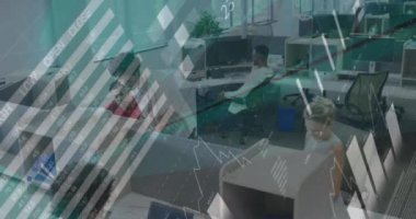 Ofiste çalışan çeşitli meslektaşların finansal veri işleme animasyonları. Küresel iş, iletişim, finans ve dijital arayüz kavramı dijital olarak oluşturulmuş video.