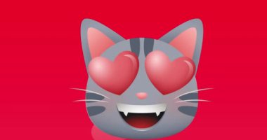 Kalp gözü animasyonu kedi yüz ifadesi ve kırmızı arka planda yüzen pembe kalp simgeleri. Sosyal medya ağı ve iş teknolojisi kavramı