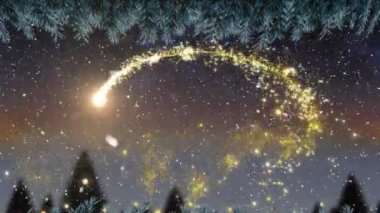 Hafif patika ve köknar ağaçlarının üzerine düşen kar animasyonu. Mevsim, kış ve şekiller konsepti, dijital olarak oluşturulmuş video.