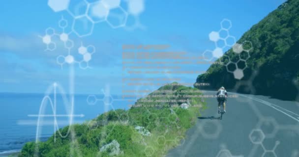 高加索妇女在海上骑自行车的化学模型动画和数据处理 计算机 技术和数据处理概念 — 图库视频影像