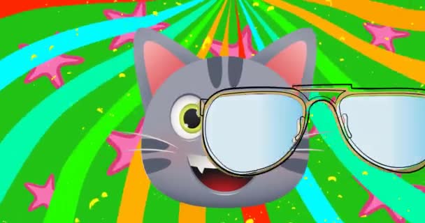 Animacja Szczęśliwego Kota Okularach Gwiazdach Kolorowym Tle Abstrakcyjna Koncepcja Tła — Wideo stockowe