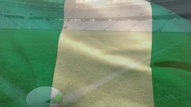 Animation Drapeau Agitant Nigeria Sur Stade Avec Ballon Rugby Sport — Video