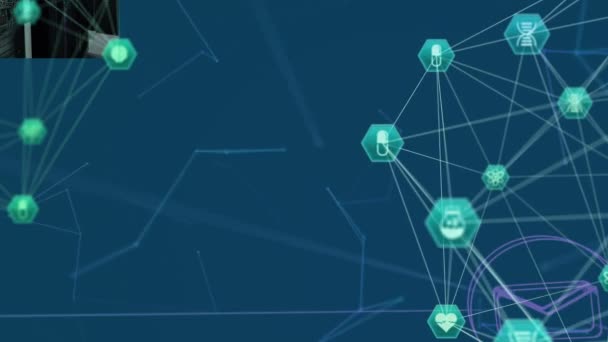 Animacja Sieci Połączeń Ikonami Niebieskim Tle Koncepcja Globalnych Połączeń Obliczeń — Wideo stockowe