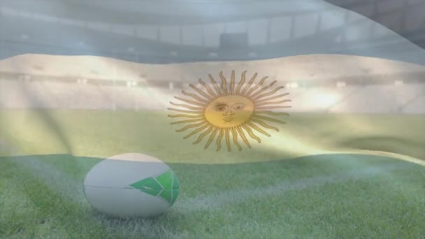 Animation Drapeau Ondulant Argentine Sur Stade Avec Balle Rugby Sport — Video