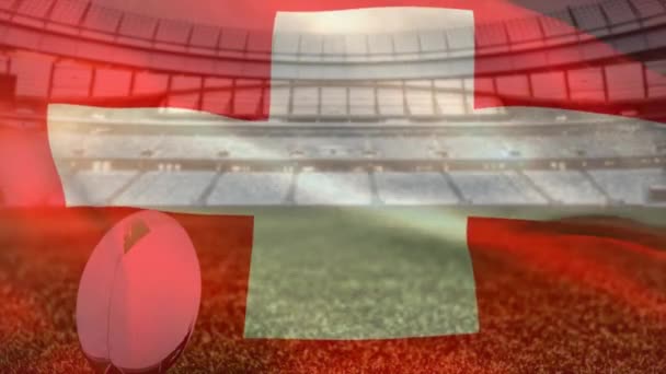 Animation Drapeau Agitant Suisse Sur Stade Avec Ballon Rugby Sport — Video