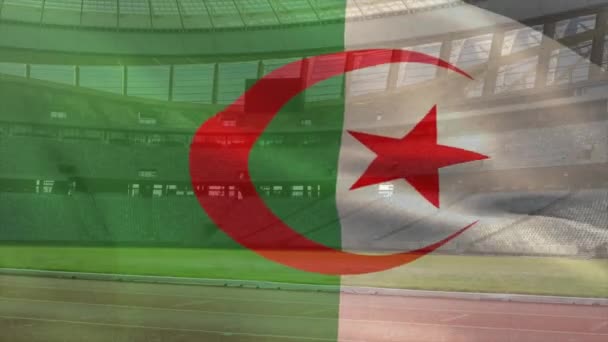 Animación Ondear Bandera Algeria Sobre Estadio Concepto Deporte Competencia Nacionalidad — Vídeos de Stock