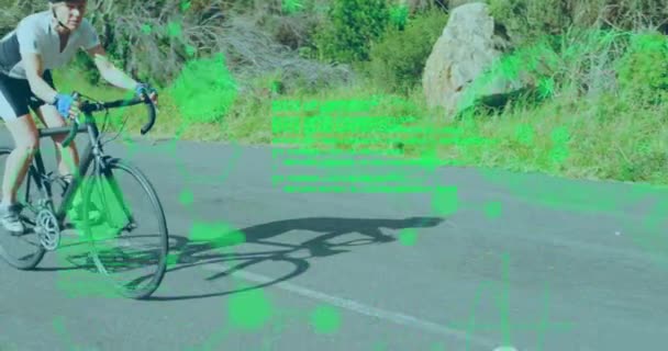 Animação Modelos Químicos Processamento Dados Sobre Mulher Caucasiana Andar Bicicleta — Vídeo de Stock