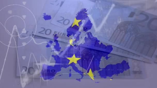 动画的数据处理和挥动Eu标志在Eu地图上对关闭的欧元账单 欧洲联盟和金融经济概念 — 图库视频影像
