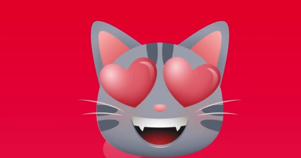Animación Ojos Corazón Cara Gato Emoji Iconos Corazón Rosa Flotando — Vídeo de stock
