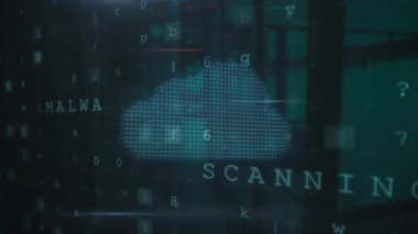 Ofis üzerinde siber güvenlik uyarı mesajı ve asma kilit animasyonu. Küresel siber güvenlik, finans, iş, bağlantılar, hesaplama ve veri işleme kavramı dijital olarak oluşturulmuş video.