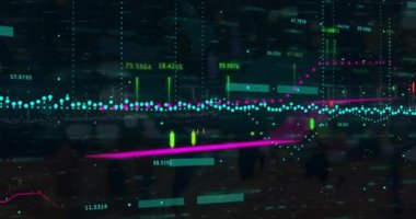 Siyah zemin üzerinde istatistik çizelgeleri ve veri işleme animasyonları. İstatistik, bilgisayar, teknoloji, iletişim ve veri işleme kavramı dijital olarak oluşturulmuş video.