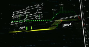 Siyah arka planda finansal veri işleme animasyonu. Dijital olarak oluşturulan küresel finansman, bilgisayar, iş ve dijital arayüz kavramı.