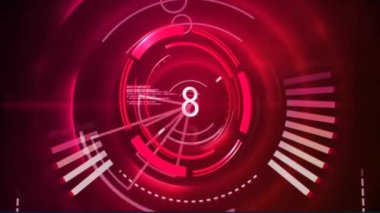 Kırmızı arkaplanda tarama kapsamı üzerinde veri işleme animasyonu. Küresel finans, iş, bağlantılar, hesaplama ve veri işleme kavramı dijital olarak oluşturulmuş video.