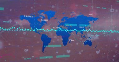 Pembe arka plandaki kıtalar üzerinde istatistiksel çizelgeler ve veri işleme animasyonları. Küresel finans, istatistik, hesaplama, teknoloji ve veri işleme kavramı dijital olarak oluşturuldu.
