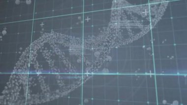 Karanlık arka planda DNA ipliği ve veri işleme animasyonu. Küresel bilim, bağlantılar, hesaplama ve veri işleme kavramı dijital olarak oluşturulmuş video.
