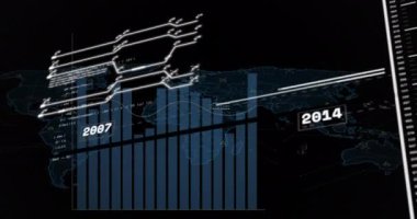 Siyah arkaplan üzerinde şema ve veri işleme animasyonları. Küresel iş ve dijital arayüz kavramı, dijital olarak oluşturulmuş video.