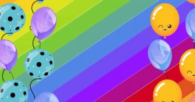 Gökkuşağı arka planında gurur bayrakları ve balonların animasyonu. Soyut arkaplan, gurur, kutlama ve şablon konsepti, dijital olarak oluşturulmuş video.