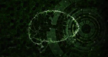 Bilimsel veri işleme, DNA ipliği ve insan beyninin karanlık arka planda canlandırılması. Küresel bilim, bağlantılar, hesaplama ve veri işleme kavramı dijital olarak oluşturulmuş video.