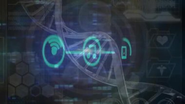 Karanlık arka planda DNA ipliği ve veri işleme animasyonu. Küresel bilim, bağlantılar, hesaplama ve veri işleme kavramı dijital olarak oluşturulmuş video.