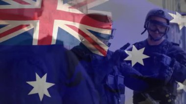 Avustralya bayrağının Kafkasyalı erkek askerlerin strateji tartışması üzerine canlandırılması. Askerlik ve vatanseverlik kavramı dijital olarak oluşturulmuş video.