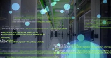 Sunucu odasındaki veri işleme ve ışık noktalarının animasyonu. Teknoloji, bilgisayar, bağlantılar ve dijital arayüz konsepti dijital olarak oluşturulmuş video.