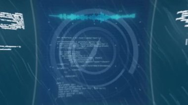 Mavi arkaplan üzerinde 6G metin, skop ve veri işleme animasyonu. Dijital olarak oluşturulmuş küresel bağlantılar, hesaplama ve veri işleme kavramı.