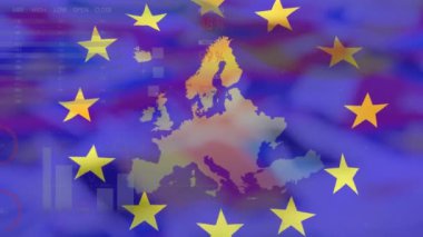 eu haritasında istatistiksel veri işlemesine karşı eu bayrağı sallamanın animasyonu. Avrupa Birliği ve İş Konsepti
