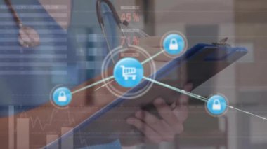 Kafkas kadın doktor yazıları üzerine kurulmuş ikonlarla bağlantı ağlarının animasyonu. Küresel gönderim, bağlantılar, hesaplama ve veri işleme kavramı dijital olarak oluşturulmuş video.