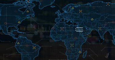 Kara zemin üzerinde kıtalar üzerinde bağlantı ve veri işleme ağının animasyonu. Küresellik, bilgisayar, teknoloji, bağlantı ve veri işleme kavramı dijital olarak oluşturulmuş video.