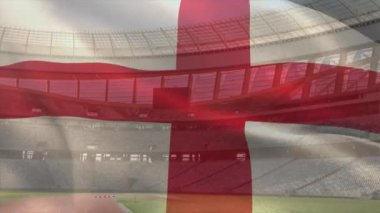 Stadyumun üzerinde İngiltere bayrağı sallama animasyonu. Spor, rekabet ve milliyet kavramı dijital olarak oluşturulmuş video.