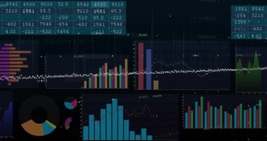 Siyah arka planda finansal veri işleme animasyonu. Dijital olarak oluşturulan küresel finansman, bilgisayar, iş ve dijital arayüz kavramı.