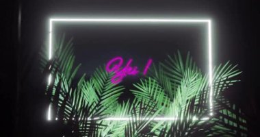 Neon çerçeve üzerinde Yu metninin animasyonu ve siyah arkaplanda tropikal yapraklar. Sosyal medya, teknoloji, iletişim ve dijital arayüz kavramı dijital olarak oluşturulmuş video.