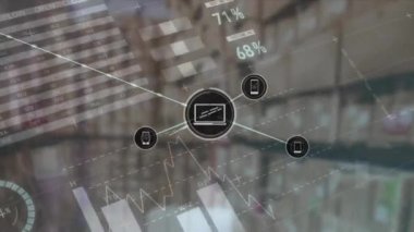 Deponun üzerindeki simgelerle bağlantı ağlarının animasyonu. Küresel gönderim, bağlantılar, hesaplama ve veri işleme kavramı dijital olarak oluşturulmuş video.