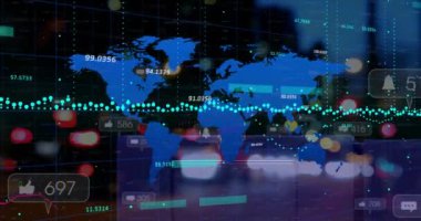 Pembe arka plandaki kıtalar üzerinde istatistiksel çizelgeler ve veri işleme animasyonları. Küresel finans, istatistik, hesaplama, teknoloji ve veri işleme kavramı dijital olarak oluşturuldu.