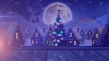 Mor arka planda, Noel köyünde düşen kar tanelerinin canlandırması. Noel, kutlama, kış, köy ve dekorasyon konsepti dijital olarak oluşturulmuş video.