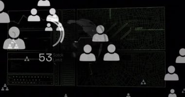 Siyah arka planda dünya ve iş simgeleriyle finansal veri işleme animasyonları. Küresel iş, finans ve dijital arayüz kavramı dijital olarak oluşturulmuş video.