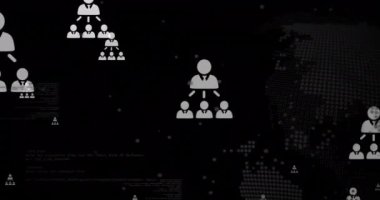 Siyah arka planda dünya ve iş simgeleriyle finansal veri işleme animasyonları. Küresel iş, finans ve dijital arayüz kavramı dijital olarak oluşturulmuş video.