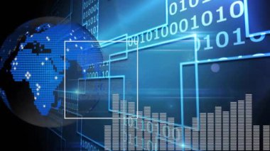 Karanlık arka planda dünya üzerinde ikili kodlama veri işleme animasyonu. Küresel finans, iş, bağlantılar, hesaplama ve veri işleme kavramı dijital olarak oluşturulmuş video.