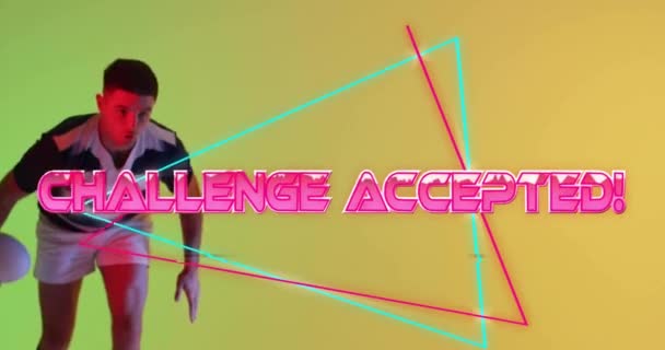 Animation Challenge Accepted Text Shapes Caucasian Αρσενικό Ράγκμπι Παίκτης Άλμα — Αρχείο Βίντεο