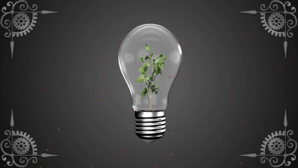 灰色の背景のデザインパターンに対する電球内部の植物サンプリングのアニメーション グリーンエネルギーとエコロジーコンセプト — ストック動画