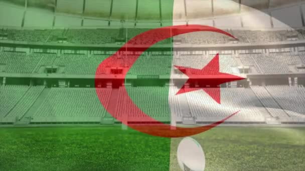 Κινούμενο Σχέδιο Κυματίζει Σημαία Της Αλγερίας Πάνω Από Γήπεδο Μπάλα — Αρχείο Βίντεο