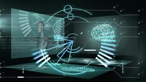 在黑色背景上对大脑和人类模型进行数据处理和范围扫描的动画 计算和数字接口概念数字生成视频 — 图库视频影像