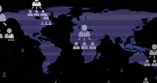 배경에 세계지도 비즈니스 아이콘을 간섭의 애니메이션 글로벌 비즈니스 디지털 인터페이스 — 비디오