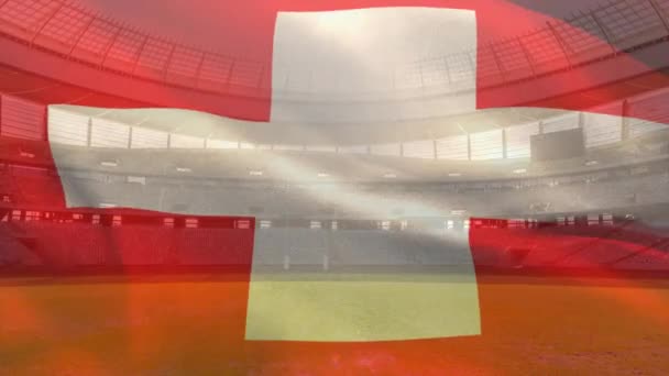 Κινούμενο Σχέδιο Κυματίσματος Σημαίας Της Ελβετίας Πάνω Από Στάδιο Αθλητισμός — Αρχείο Βίντεο