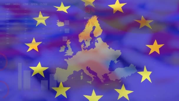 Animáció Lengő Zászló Térkép Ellen Statisztikai Adatfeldolgozás Európai Uniós Üzleti — Stock videók