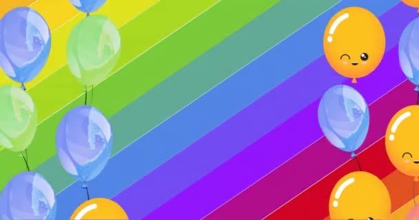 彩虹拳头和彩色气球在彩虹背景上的动画 Lgbtq 肤色和手势概念 — 图库视频影像