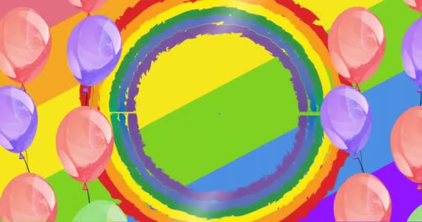Animacja Kolorowych Balonów Tęczowych Flag Kółko Kuli Ziemskiej Tęczowym Tle — Wideo stockowe