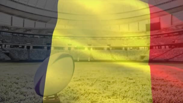 Κινούμενο Σχέδιο Κυματίζει Σημαία Του Belgium Πάνω Από Γήπεδο Μπάλα — Αρχείο Βίντεο