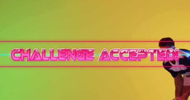 Animation Challenge Accepted Text Shapes Caucasian Αρσενικό Ράγκμπι Παίκτης Άλμα — Αρχείο Βίντεο